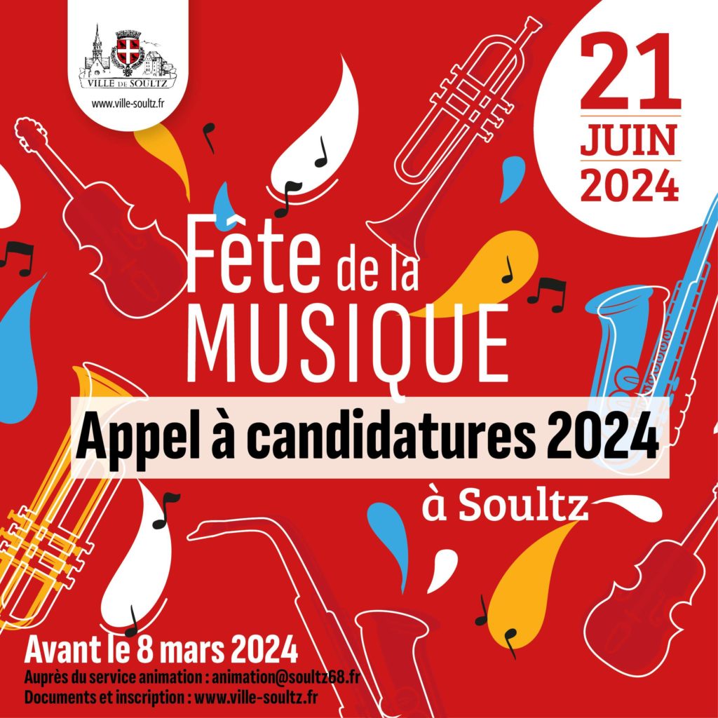 Visuel de l'appel à candidature à la Fête de la Musique 2024 à Soultz (Haut-Rhin)