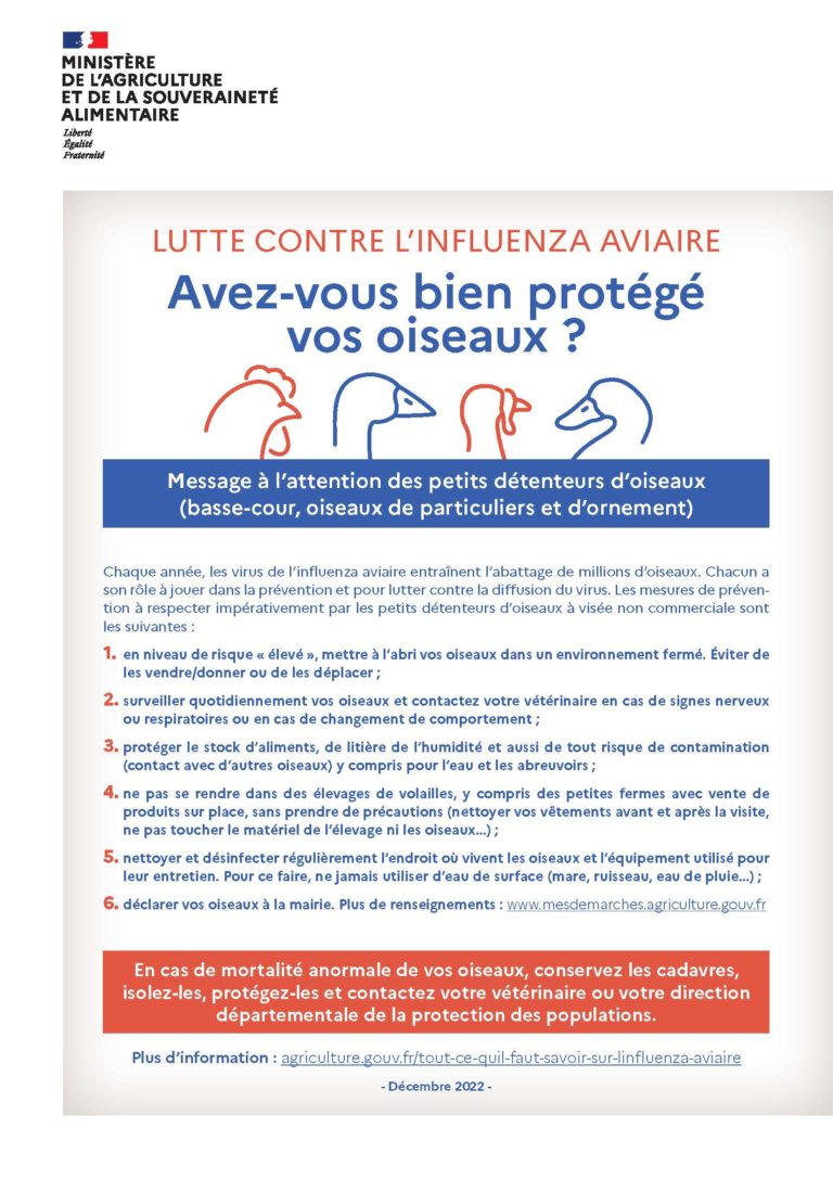 Influenza aviaire hautement pathogène  – passage à un niveau de risque élevé
